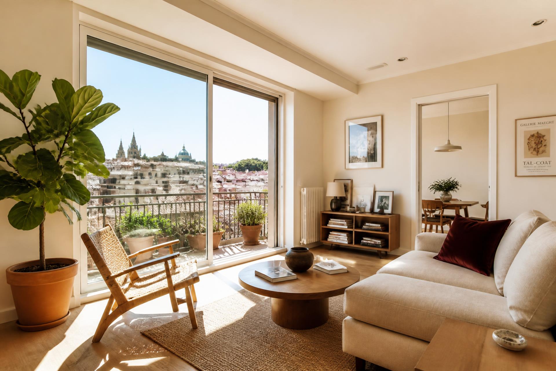 Salón luminoso de una vivienda en Madrid con vistas a la ciudad